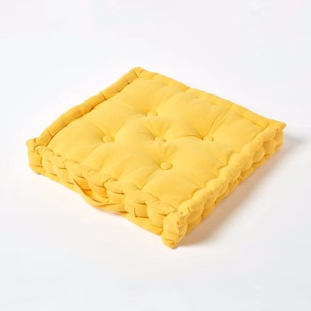 Homescapes Cotton Square Floor Cushion in Yellow, Height: 8 cm
