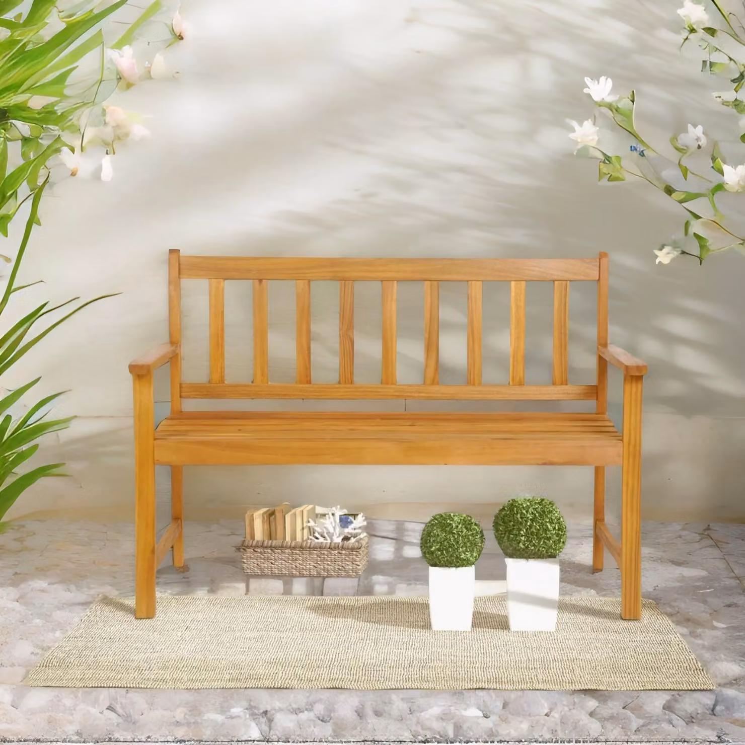 FURNOS Acacia Wood 2 Seater Outdoor Bench with Armrests in Natural Brown and Beige – 2
