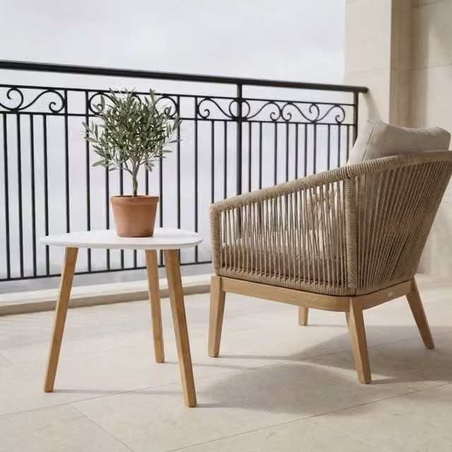 Noa and Nani Modern Round White Pine Wood Side Table for Garden, Terrace or Balcony