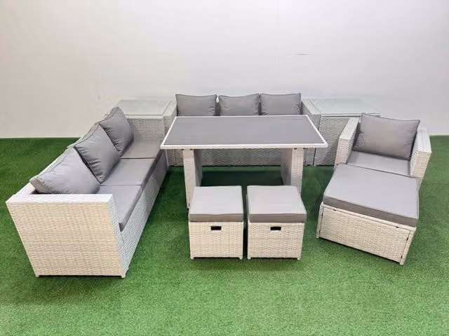Fimous Light Grey Patio Garden Furniture Set with 2 Side Tables and 3 Stools