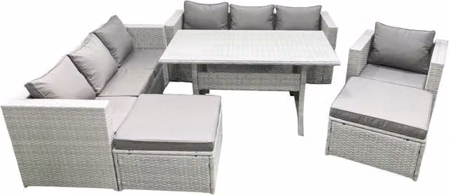 Fimous 7 Piece Outdoor Rattan Sofa Set with Cushions, Armchair, Dining Table and 2 Footstools in Light Grey