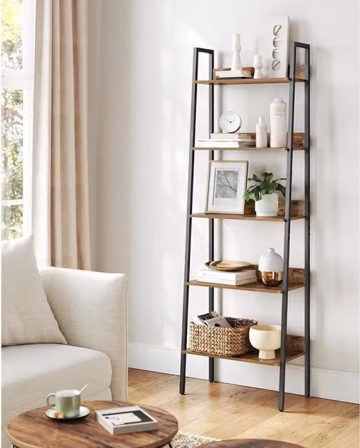 The Bazaarist 5-Tier Ladder Style Bookshelf with Steel Frame in Rustic Brown and Black