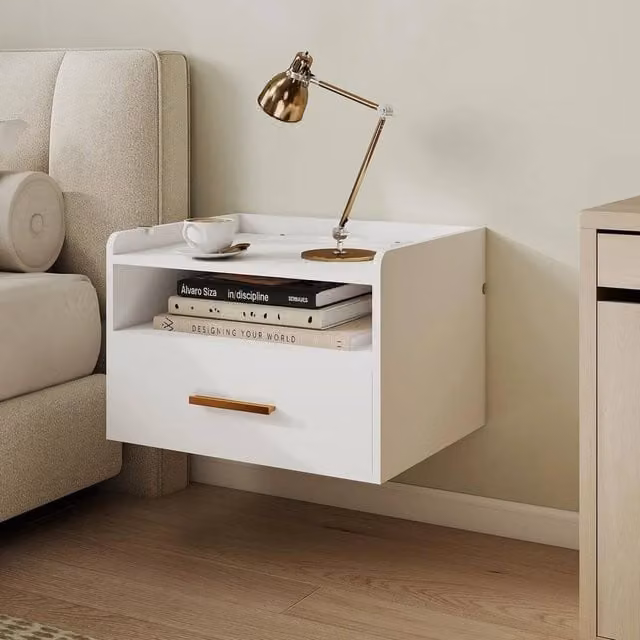KORVIXA Wall Mounted Floating Bedside Table with Charging in White