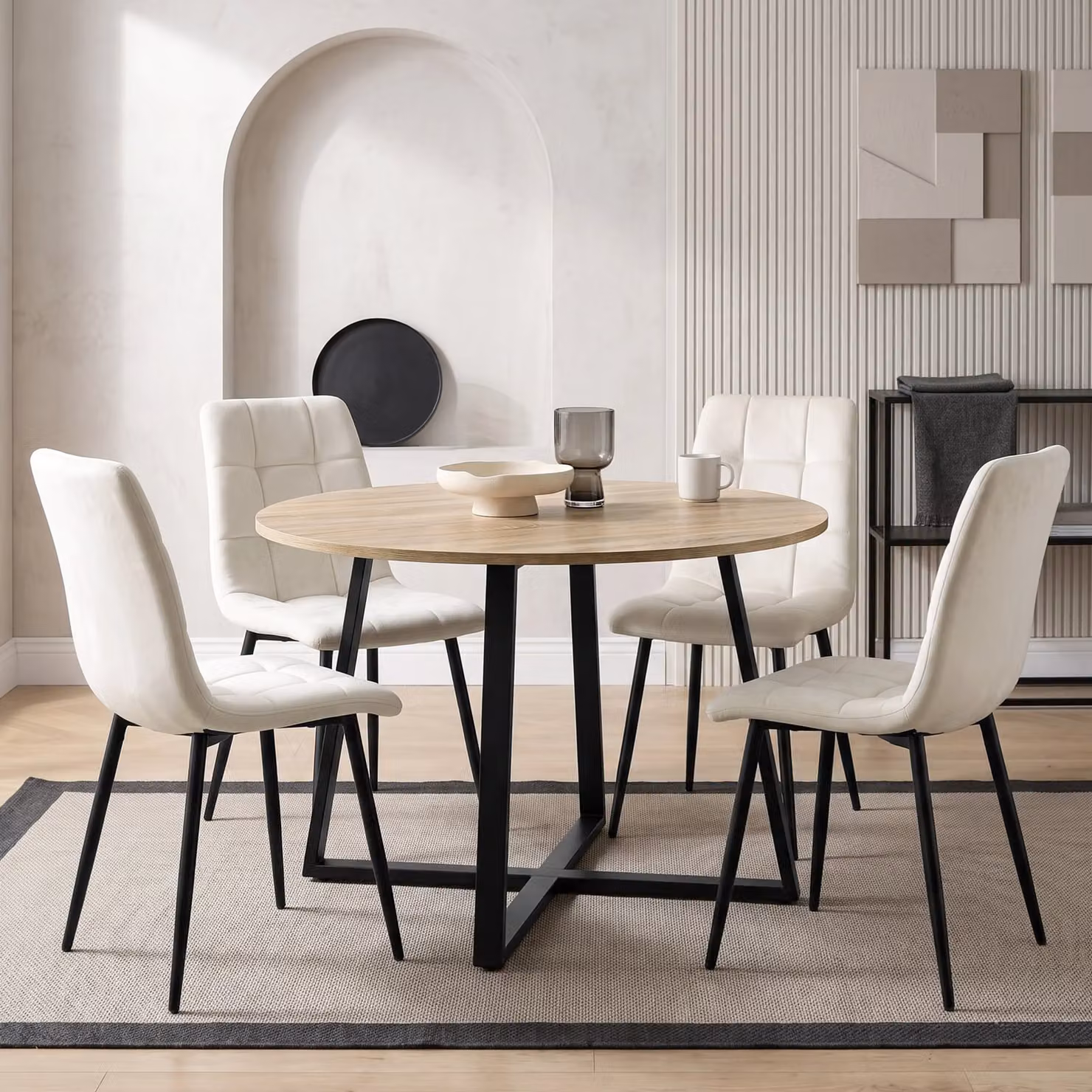 Kyvon Round Dining Table Set with 4 Chairs in Beige and Black, Diameter: 110 cm, Height: 75 cm