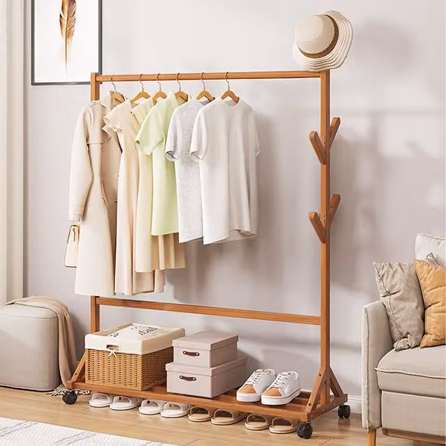 Komore Rustic Brown Bamboo Coat Rack with Clothes Rail and Single Shelf