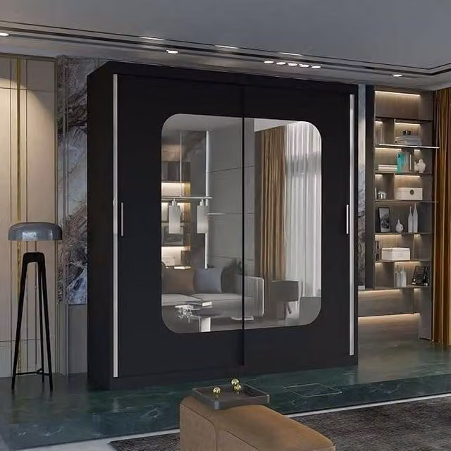 Sliding Wardrobes 4U Double Sliding Wardrobe with LED Light, Black, W: 120 cm, D: 62 cm, H: 217 cm