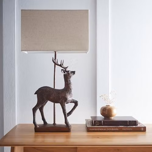 K LIVING Stag Resin Table Lamp in Copper and Black with Linen Shade