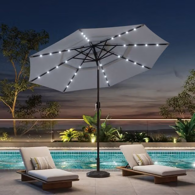 Breeins 3 Tier Lighted Umbrella with Geometric Concrete Base in Grey and White