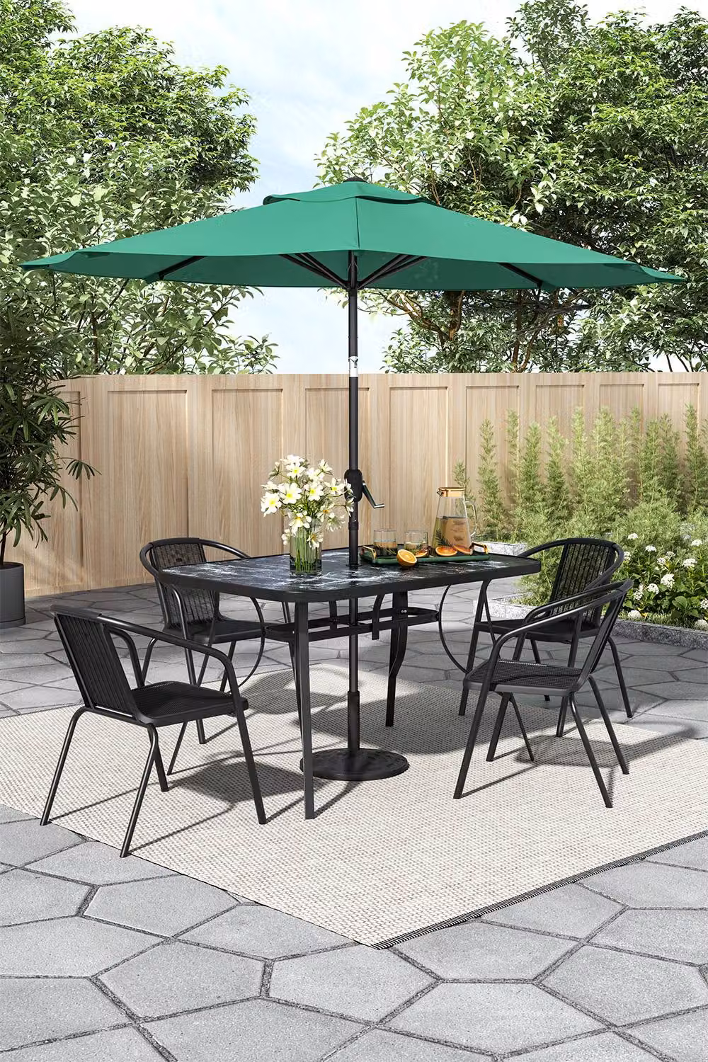 Living and Home Rectangular Garden Table with 4 Polyrattan Chairs and Tempered Glass Top in Black and Multicolour – 2