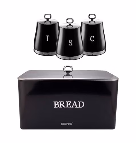 Geepas Retrovive Black Bread Bin 13L and Airtight Canister Set 1.4L – 3