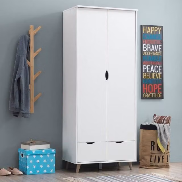 Timber Art Design Pulford 2 Door Double Wardrobe in White and Gold with Internal Shelves and Hanging Rod, H 180 cm x W 73 cm