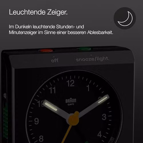 Braun Classic Analogue Travel Alarm Clock with Snooze and Light in Black, Model BC05B – 5