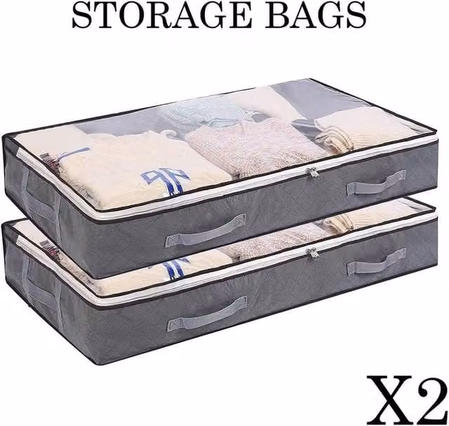 EONLION 2-Piece Large Underbed Storage Bags in Grey with Handles