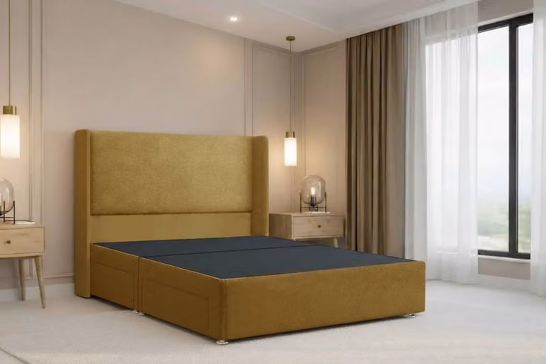 Nexus Mattresses Ltd Portofino Plush Divan Bed with 2 Drawers and Winged Headboard in Yellow Velvet, W/D/H: 200 x 160 x 54 cm