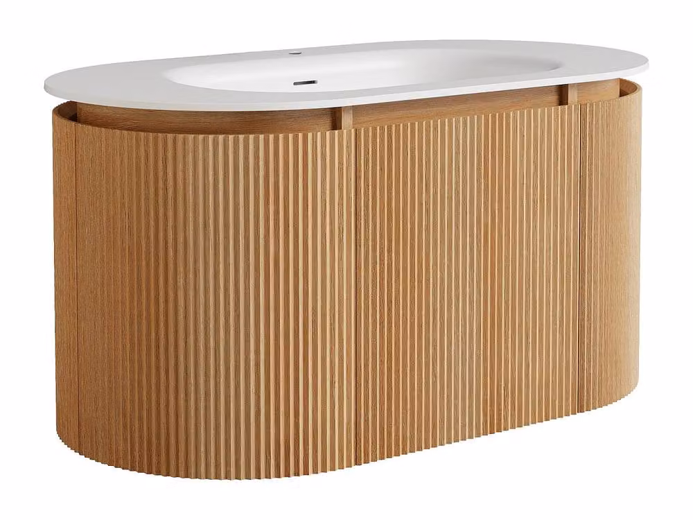 Vente-unique Fluted Ash Wood Wall-Hung Bathroom Unit with Matt White Resin Inset in Light Oak – 2