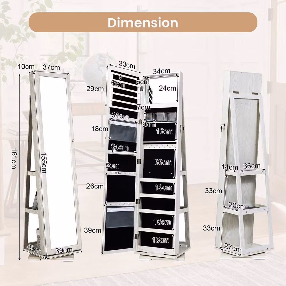 Costway 360 Rotating Mirrored Jewelry Cabinet Free Standing Armoire in White – 2