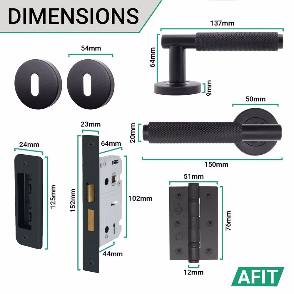 AFIT Black Matt Knurled Door Handle Set with Sashlock, Hinges and Escutcheons – 5