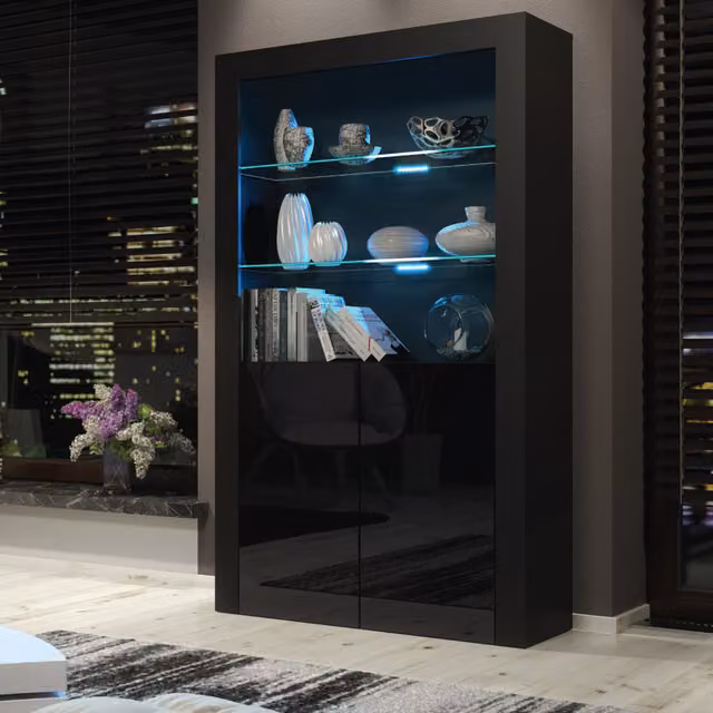 Creative Furniture Spectrum Modern Display Cabinet in Black with Glass Doors and Integrated Lighting