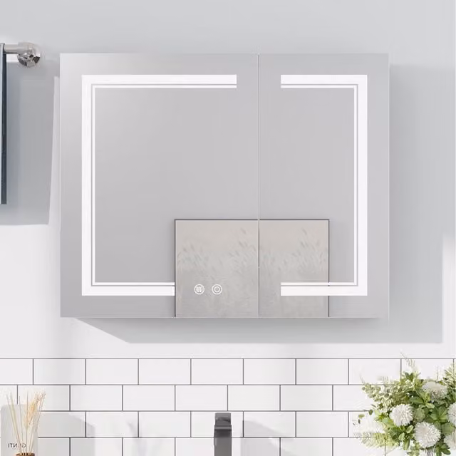 Lifeideas Silver Glossy Wall Mounted LED Mirror Cabinet with Shaver Socket and Internal Shelves