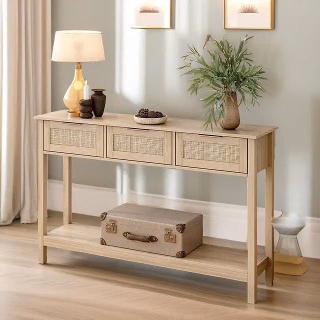 Pirlo Plush 3 Drawer Wooden Rattan Console Table in Brown and Beige