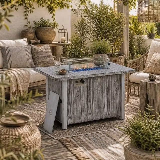 Wyld Haus Grey Wood Effect Steel Gas Fire Pit Table with Glass Screen and Cover W/D/H: 109 x 56 x 63 cm – 1