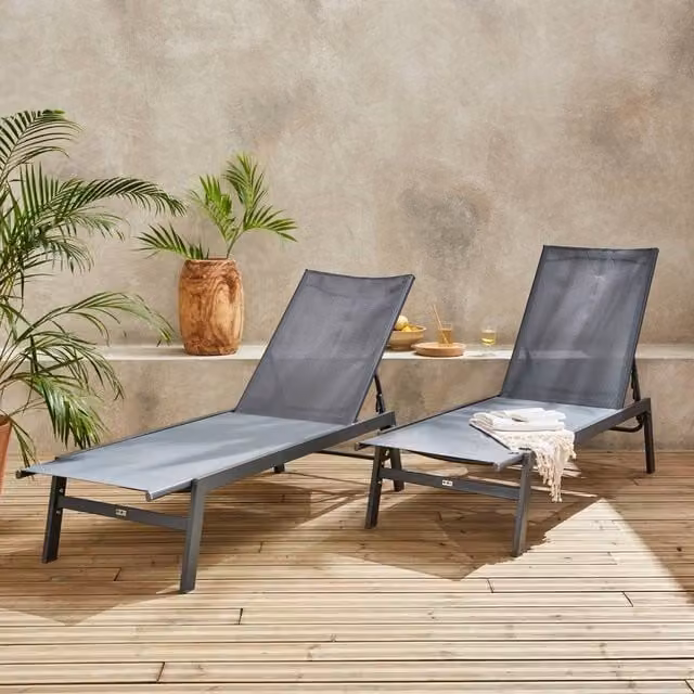 sweeek Set of 2 Multi-position Grey Textilene and Powder Coated Steel Deckchairs