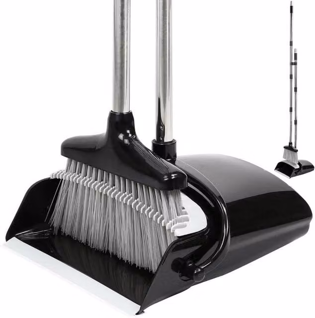 Kelvenix Black and Grey Long Handled Dustpan and Brush Set with Telescopic Handle