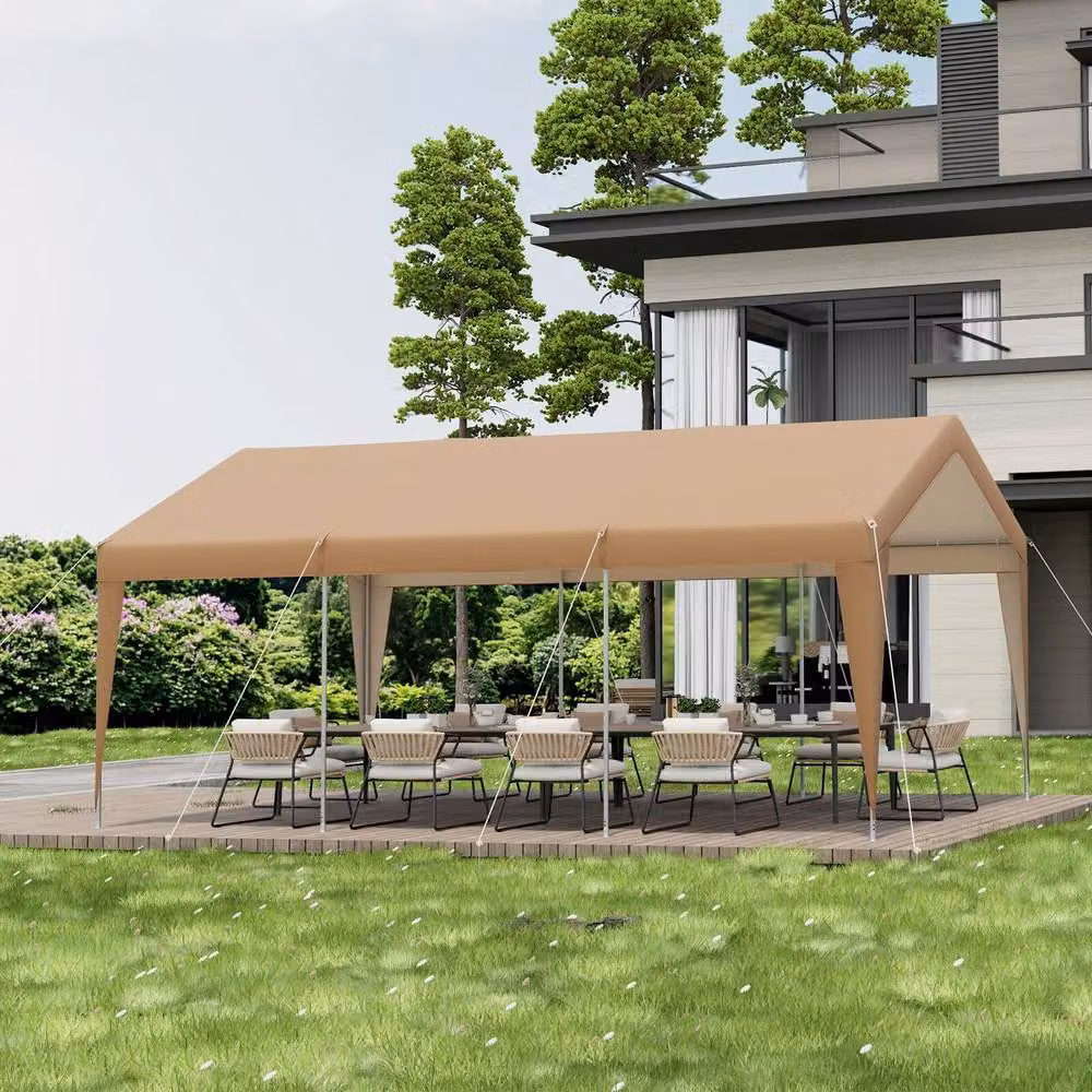 Gymax Heavy Duty Steel Carport Garage All-Weather Outdoor Shelter in Brown, W: 301.0 cm, D: 285.0 cm, H: 301.0 cm – 3