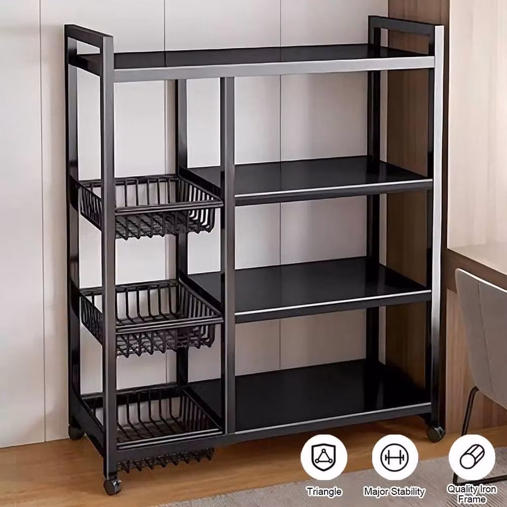 KORVIXA 4 Tier Kitchen Basket Storage Trolley Rack in Black with Adjustable Shelves, H 108 x W 80 x D 40 cm – 3
