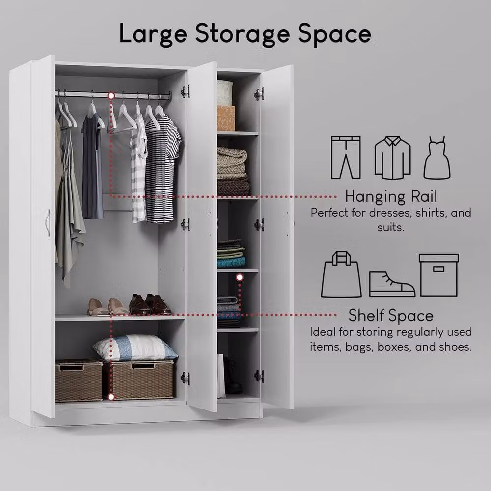 HD Designs Riano 3 Door Wardrobe in White with Internal Shelves and Hanging Rod – 3