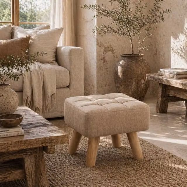 Wyld Haus Luluva Linen Look Square Padded Footstool in Light Brown with Diamond Tufting – 1