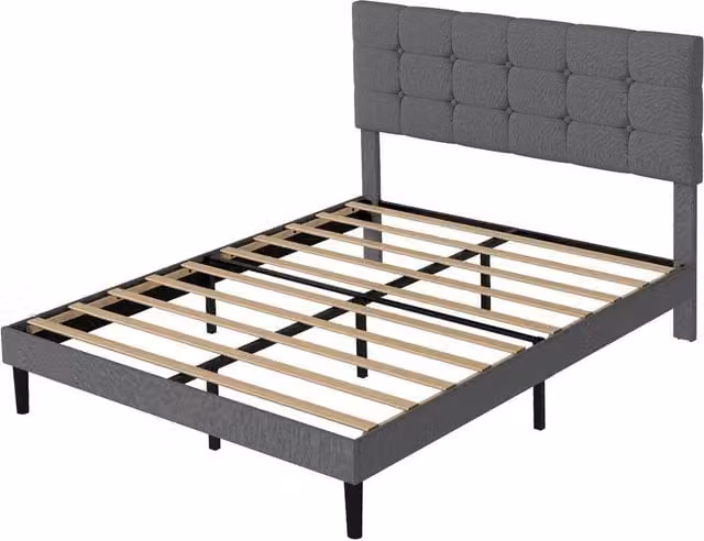 VOGREX Grey Upholstered Linen Double Bed Frame with Wooden Slats, W/D/H: 139 x 140 x 106 cm – 1