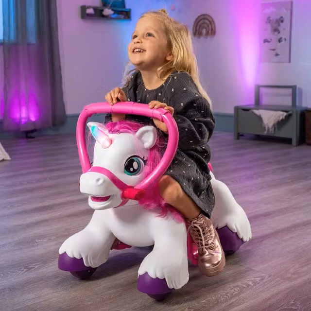 Xootz Unicorn Interactive Electric Ride-On with Light and Sound in Pink and White