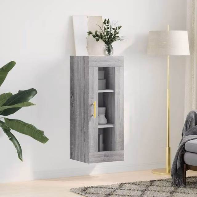 Berkfield Home Wall Mounted Grey Cabinet with Glass Doors, W/D/H: 34.5 x 34 x 90 cm – 1
