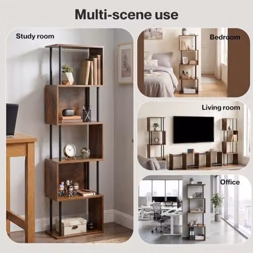 Levede 5-Tier S-Shaped Geometric Bookshelf, Modern Freestanding Wooden Storage Unit for Living Room and Home Office, H 126 x W 38 x D 24 cm, Walnut – 5