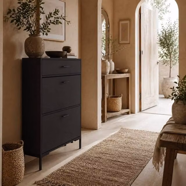 Wyld Haus Sopane Slim Black Shoe Cabinet with 3 Drawers and Tilting Compartments