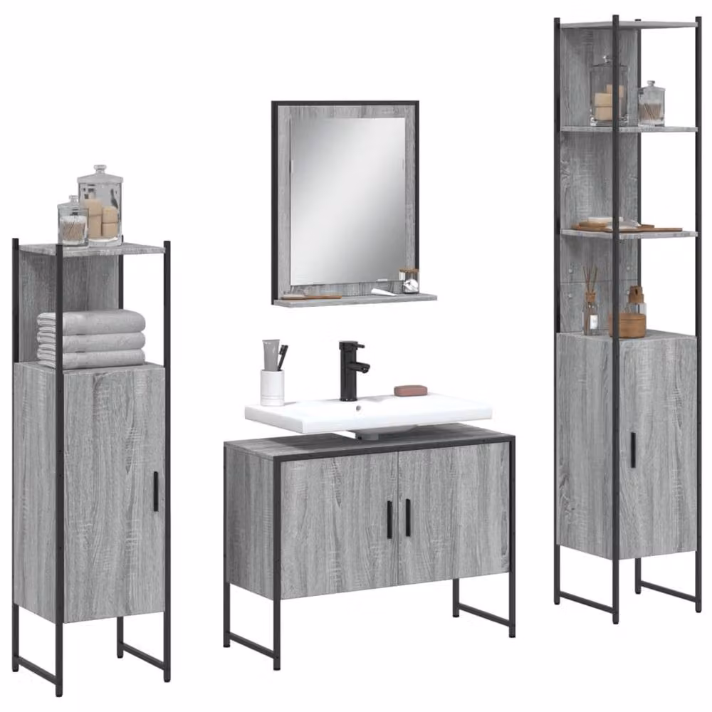 Berkfield Home 4 Piece Grey Bathroom Cabinet Set including Vanity Unit, Tall Cabinet, Wall Cabinet and Mirror Cabinet – 2