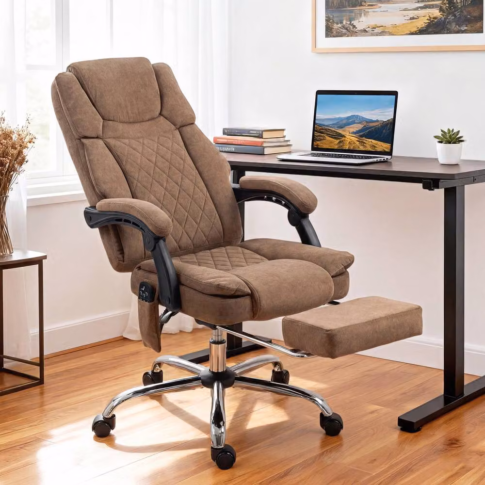 Rolipo Brown Velvet Heated 6-Point Massage Reclining Executive Office Chair with High Back and Headrest – 3