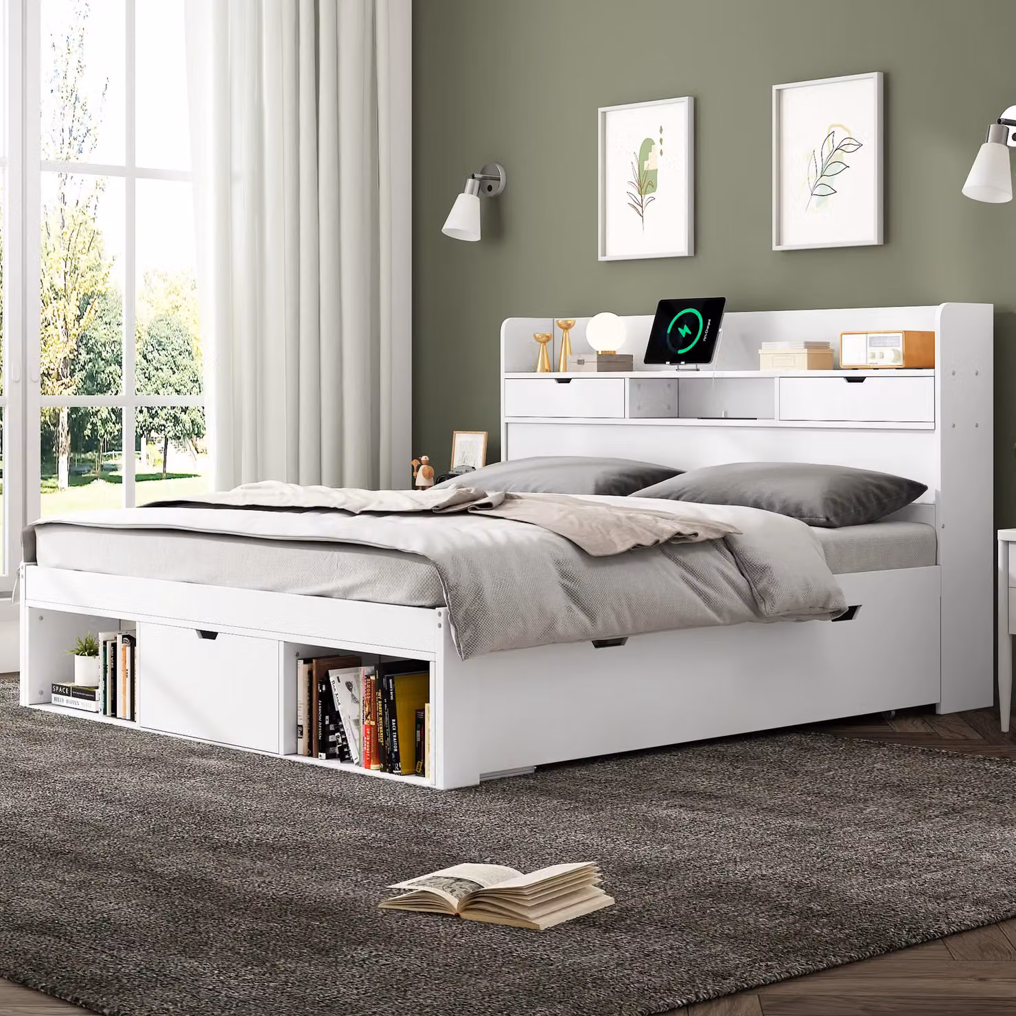 Matteo Double Bed with USB Charging Port, Drawers and Storage Cabinet, White, W: 140 cm, L: 200 cm – 3