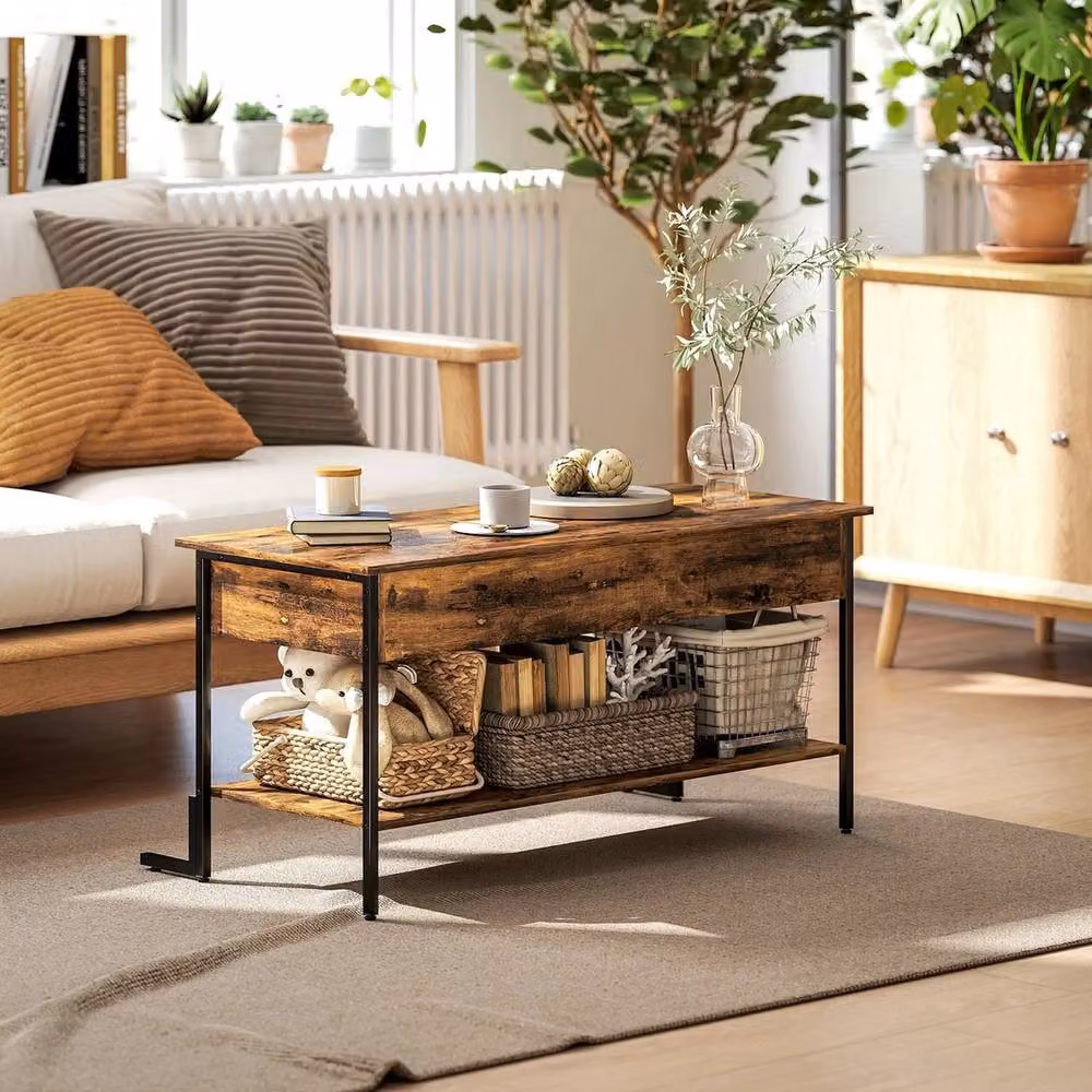 FORGEVIO Industrial Lift Top Coffee Table with Storage Shelf in Rustic Brown – 5