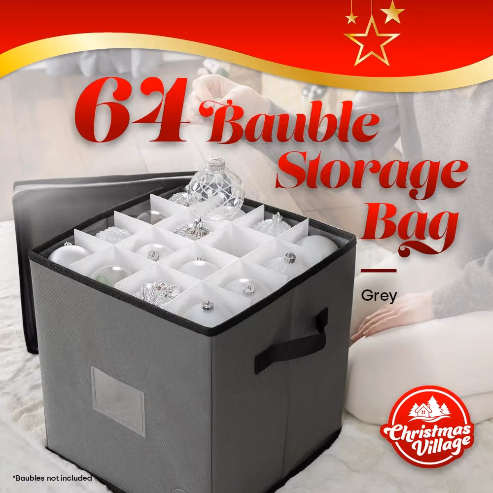 Christmas Village Collapsible Bauble Storage Bag in Grey and Red, 600D Fabric Premium 4-Layer Festive Ball Holder with Separator and Handles, W/D/H: 36.1 x 32.7 x 32.7 cm – 2