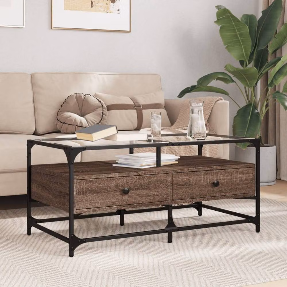 Berkfield Home Decorative Rectangular Coffee Table with Glass Top, Brown Oak and Metal, W: 98.5 cm, D: 50 cm, H: 45 cm – 2