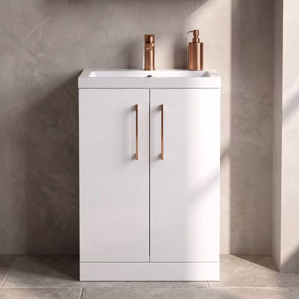 Balterley Gloss White Modern Bathroom Vanity Basin Unit with Copper Handles, Width: 60 cm – 3