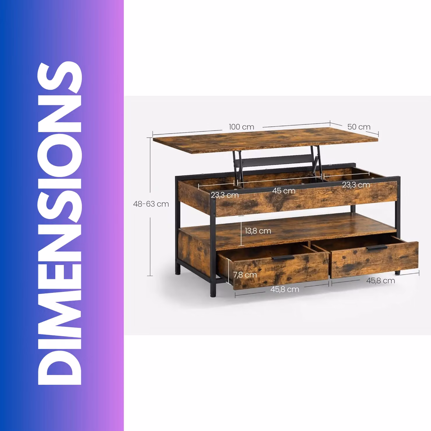 Rafaelo Mobilia Industrial Lift Top Coffee Table with Drawers in Rustic Brown and Black – 4