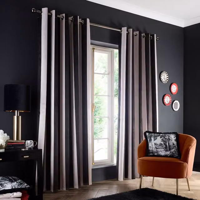 Laurence Llewelyn-Bowen Festivo Stripe Blackout Velvet Eyelet Curtains in Black