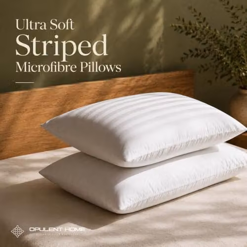 Opulent Home Pack of 2 White Microfibre Pillows with Hollowfibre Filling, Medium Firm Support for Side and Back Sleepers – 2