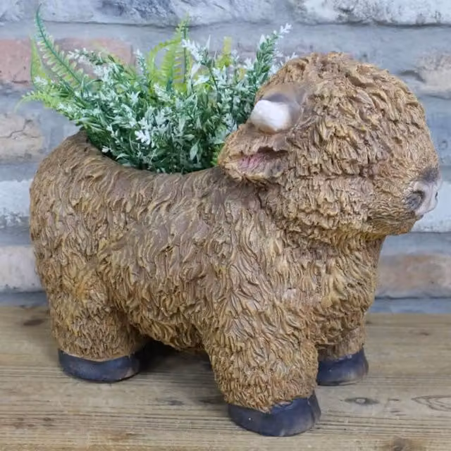Annibells Large Highland Cow Stone Effect Rustic Brown Indoor and Garden Planter