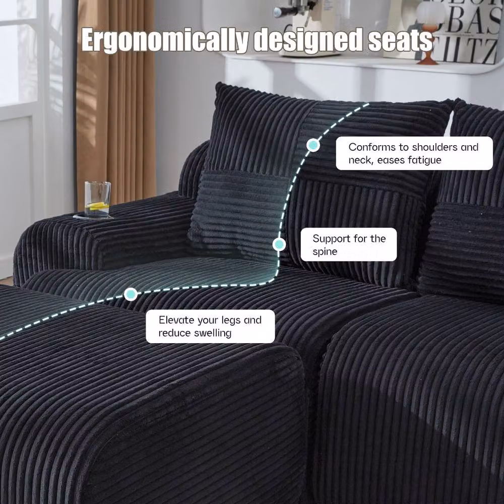 Rolipo 4-Seater Black Corduroy Modular U-Shape Sofa with Matching Ottomans and Cup Holders – 3