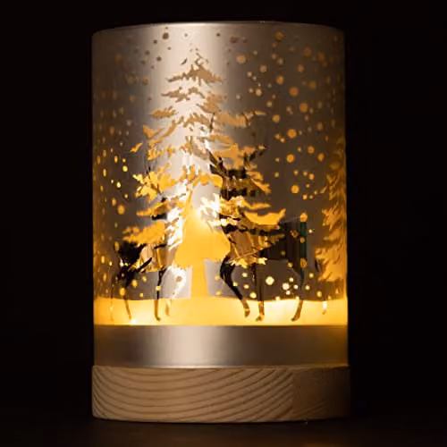 Shatchi Christmas Etched Glass Table Lamp with Forest Snowfall Scene and LED Fairy Lights, Silver, Height: 15 cm – 2