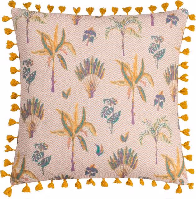 Make it a Home Floral Tasselled Square Cushion in Pink and Multicolour Polyester and Cotton